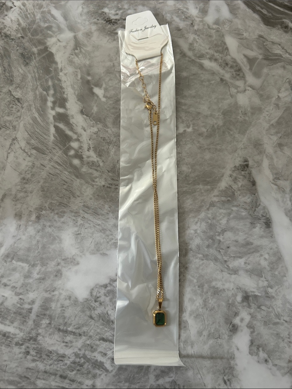 Fashion Jewelry Gold-Tone Necklace with Green Square Pendant